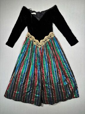 Vtg Jessica McClintock Gunne Sax Velvet Dress Sz 7 Black Renaissance Style Lace